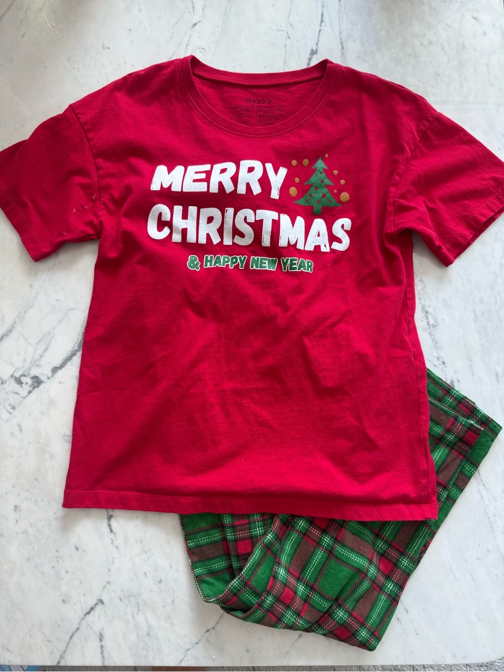 Kids Red 'Merry Christmas' Pajama Set with Green Plaid Pants